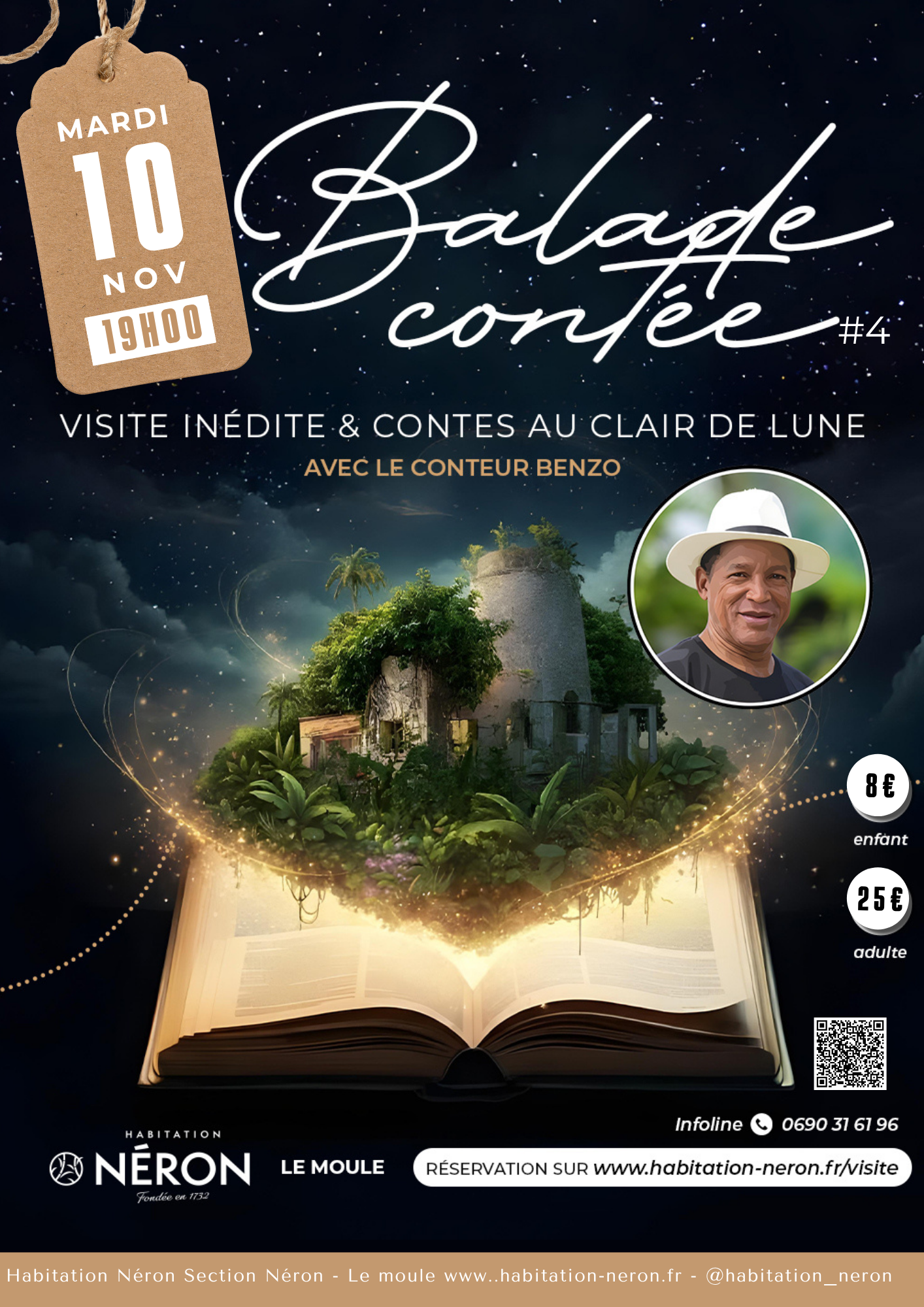 Affiche Balade Contée #4, contes au clair de lune avec le conteur Benzo à l'Habitation Néron