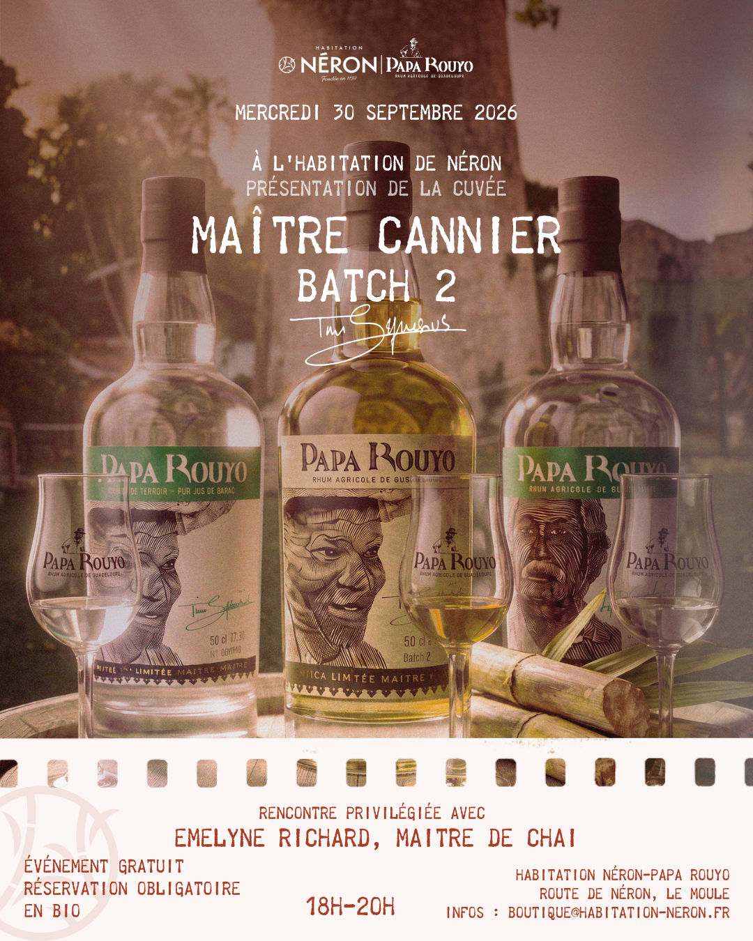 Affiche présentation de la cuvée Maître Cannier Batch 2 à l'Habitation Néron, mercredi 30 septembre 2026